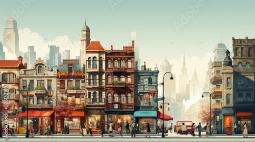 A vibrant painting featuring a bustling city street with towering buildings and bustling activity