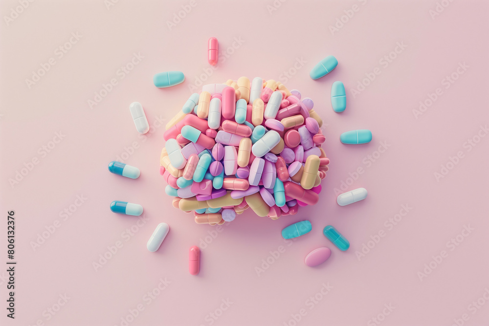 A brain-shaped arrangement of colorful pills on a pastel pink background, symbolizing the concept of pharmaceutical influence on mental health A brain-shaped arrangement of colorful pills on a pastel pink background, symbolizing the concept of pharmaceutical influence on mental health