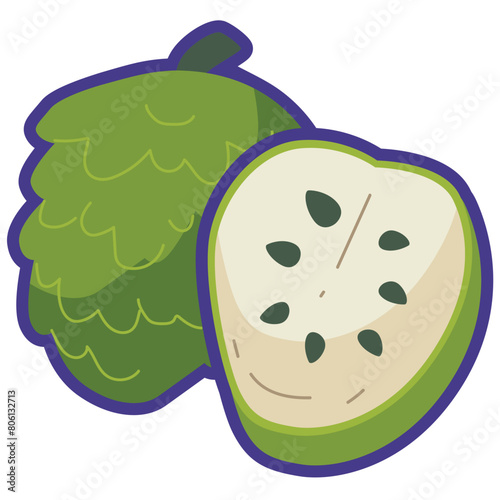Sugar apple or sweetsop vector illustration, whole and half sliced fruit, custard apple or buah srikaya patek, soursop flat icon photo