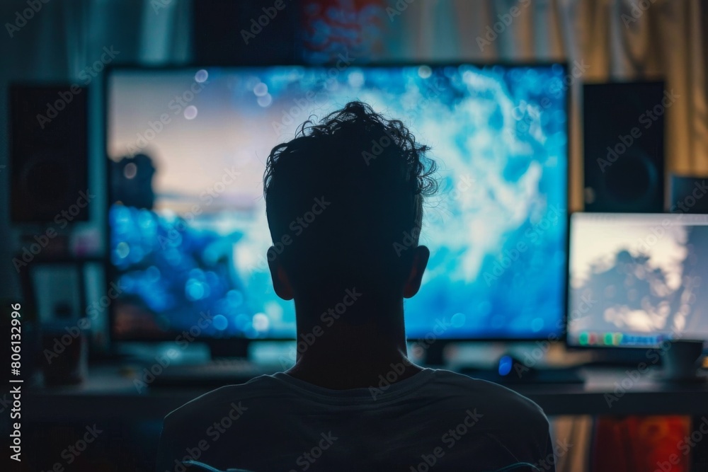A man is sitting in front of a television with a blue screen A man is sitting in front of a television with a blue screen