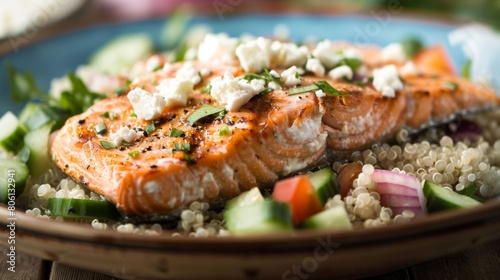 A hearty quinoa salad topped with grilled salmon, cucumber, feta cheese, and a lemon vinaigrette, perfect for a nutritious meal.