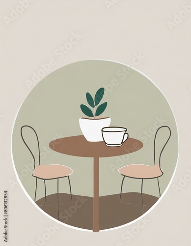A small round table with two coffee cups and a small plant, illustrating a cozy coffee shop scene