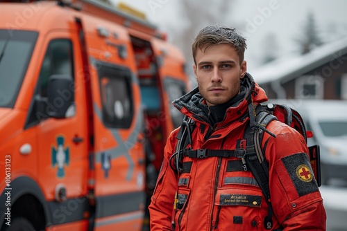 Paramedic in front of emergency response vehicle photo