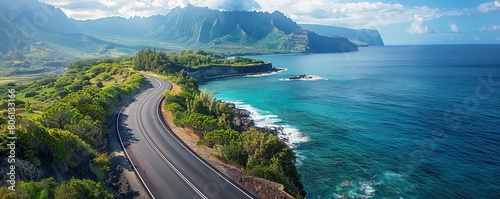 Aerial view of the new and old coastal road Route du Littoral connecting Saint Denis with La Possession, RÃ©union. photo