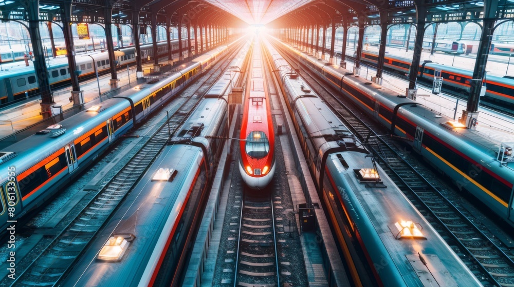 A high-speed train depot with rows of trains ready for departure, showcasing the organized efficiency of rail infrastructure. A high-speed train depot with rows of trains ready for departure, showcasing the organized efficiency of rail infrastructure.
