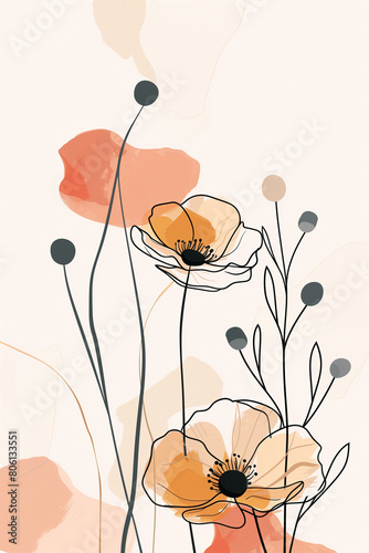 Trendy collage style ranunculus card designs. Abstract and minimalist illustrations with floral outlines. With geometric shapes and botanical elements for wall art, prints, decoration, invitations © Olivia