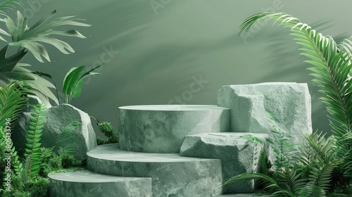 Green background with green rock podiums and plants.