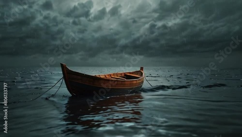 Small Boat Adrift on a Calm Sea Under a Stormy Sky