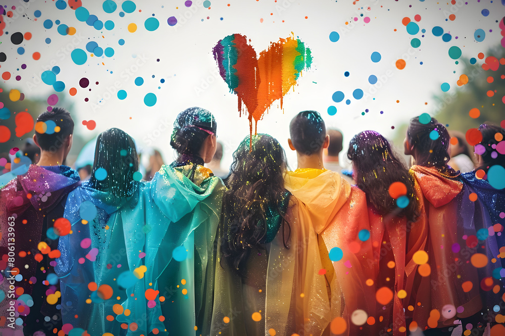 Fototapeta premium Group of people at a Pride event, expressing love and unity with a heart balloon against a shower of multicolored confetti.