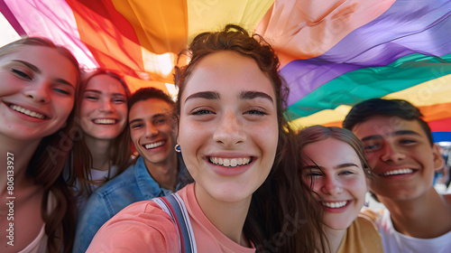 A cheerful group of young people taking a selfie under a rainbow flag at an LGBT Pride celebration.