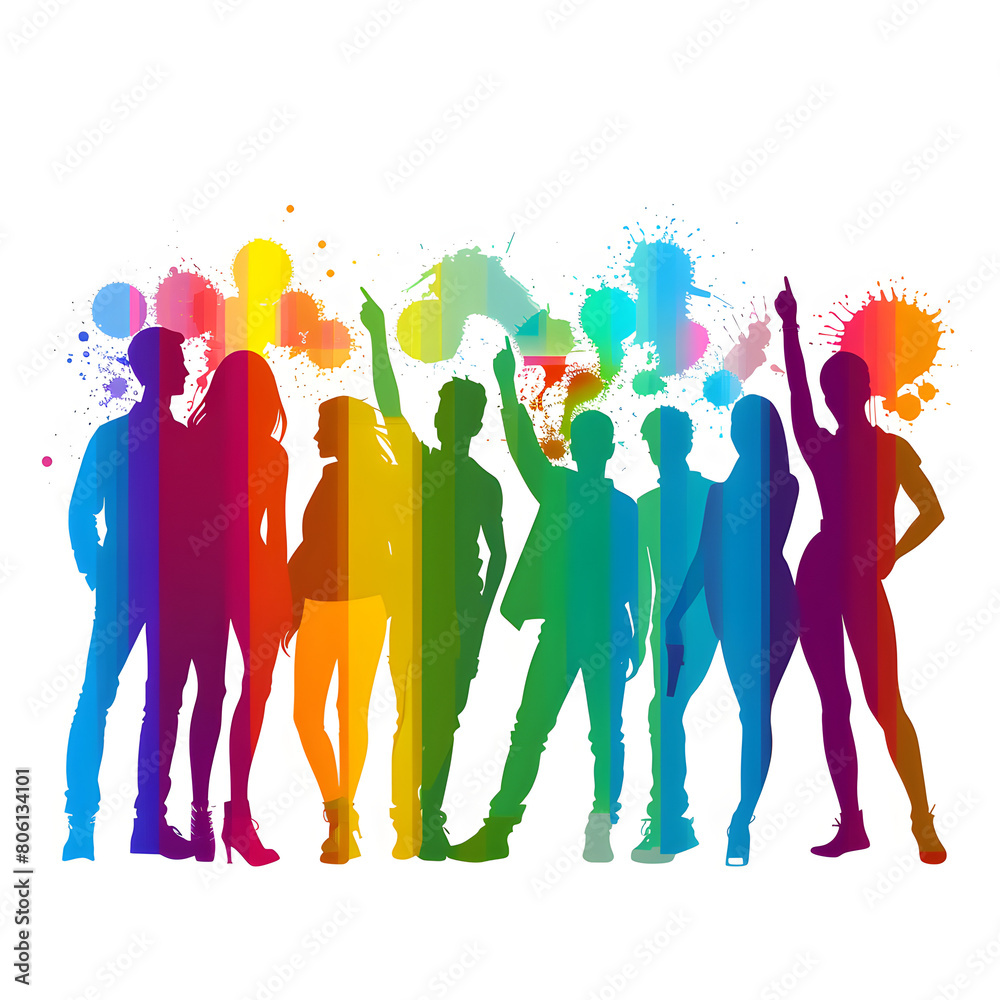 Colorful silhouettes of people with paint splatters on a white background symbolizing LGBTQ+ pride and diversity.