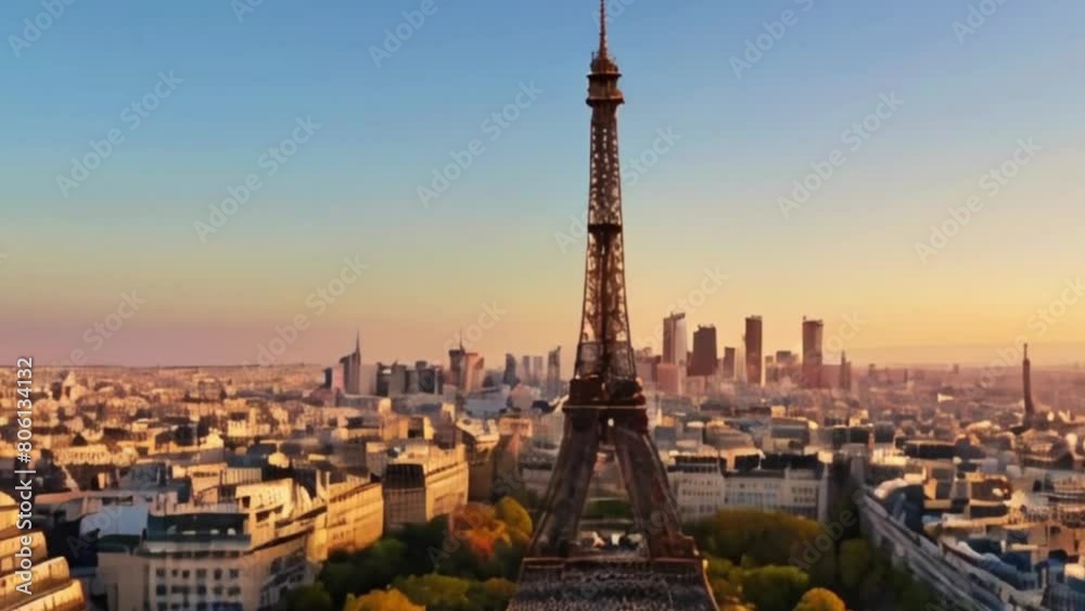 Eiffel Tower at Sunrise Overlooking Paris Cityscape