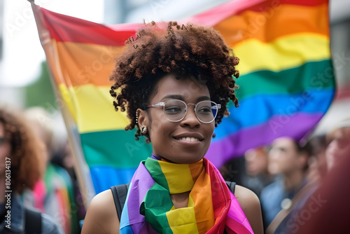 Black woman smiles brightly as she carries a rainbow flag at a pride parade, embodying diversity and LGBTQ rights advocacy. photo