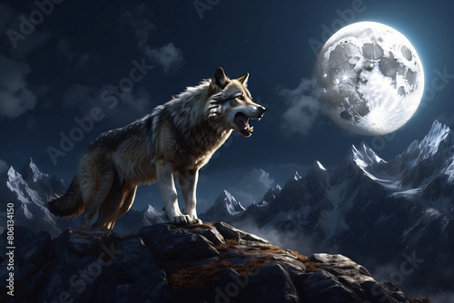 A wolf leader called his friends at night on a full moon in the hills