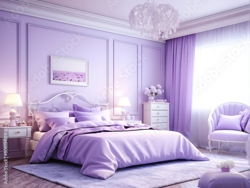 A Touch of Romance  Lilac Hues and White Elegance Create a Charming Retreat. A Lilac Oasis with Furniture for Relaxation. generative AI