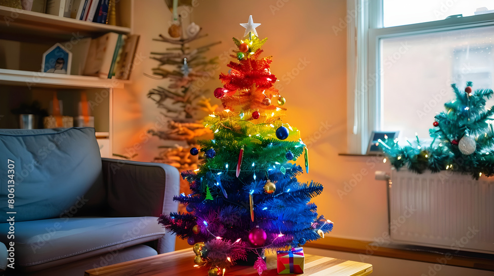 Rainbow-colored Christmas tree promoting LGBTQ pride during festive season, showcasing inclusivity and joy in a home setting.