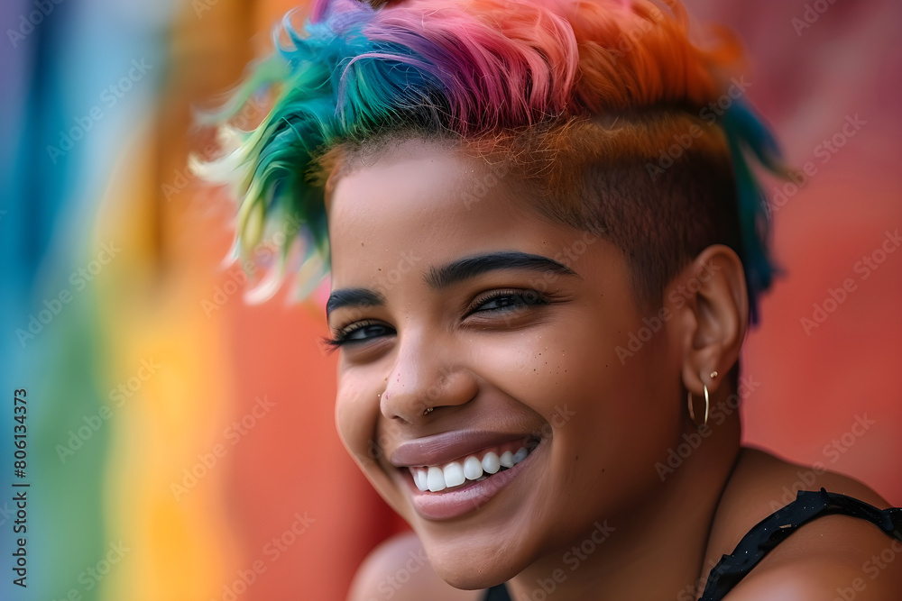 Joyful young African American woman with rainbow-colored hair celebrating LGBTQ Pride, representing diversity and freedom. Joyful young African American woman with rainbow-colored hair celebrating LGBTQ Pride, representing diversity and freedom.