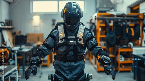 Tech developer testing a new exoskeleton suit, movements enhanced in slow motion to showcase the fluid mechanics against a hightech workshop photo