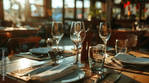 beautifully laid tables with glasses and appliances at morning in restaurant   Serving table prepared for event party or wedding. Soft focus  selective focus 