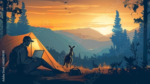 Digital nomad running a tech startup from a tent in the Australian Outback, kangaroos hopping in the background sunset photo