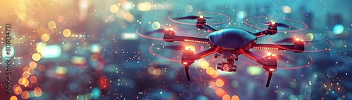 Futuristic drone slowly descending with spinning blades on a blurred cityscape with hovering lights photo