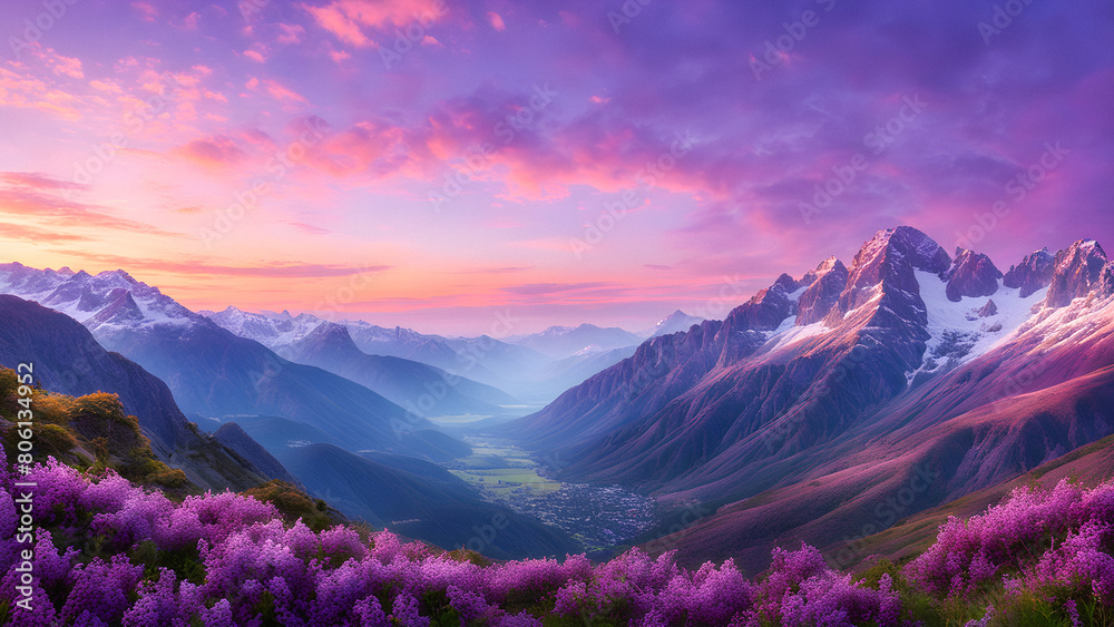 Dreamy Lilac Dawn Over Mountains: Magical Colors Paint the Sky. Mountain Majesty at Sunrise: Breathtaking Display of Lilac, Pink, and Orange. generative AI