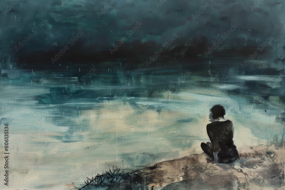 A man sits on a rock by the water, looking out at the ocean A man sits on a rock by the water, looking out at the ocean