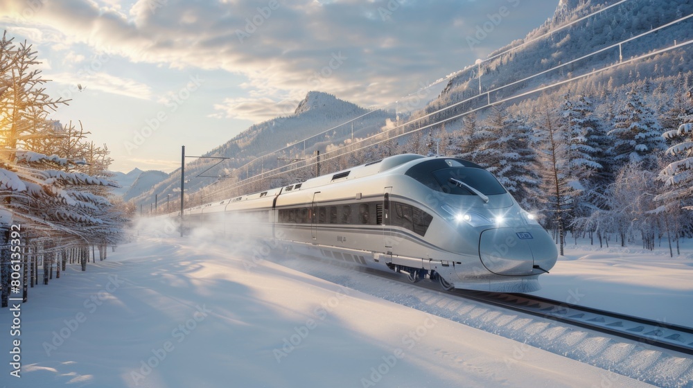A high-speed train slicing through snow-covered landscapes, showcasing its all-weather capabilities and reliability. A high-speed train slicing through snow-covered landscapes, showcasing its all-weather capabilities and reliability.
