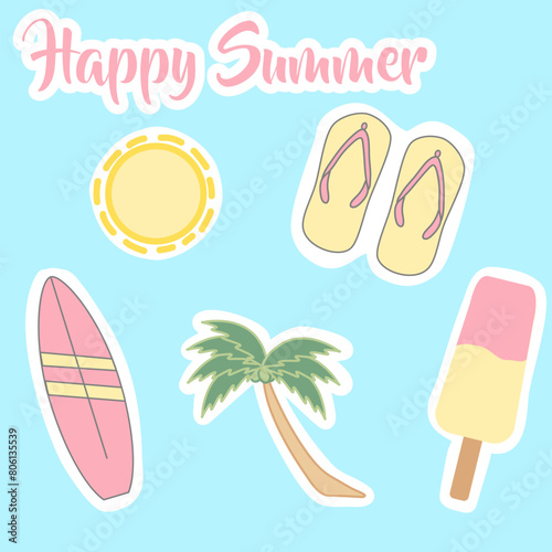 Vector Illustration of flat design summer icons can be used for sticker or design purpose contains of sun sandals palm tree icecream and surfer board