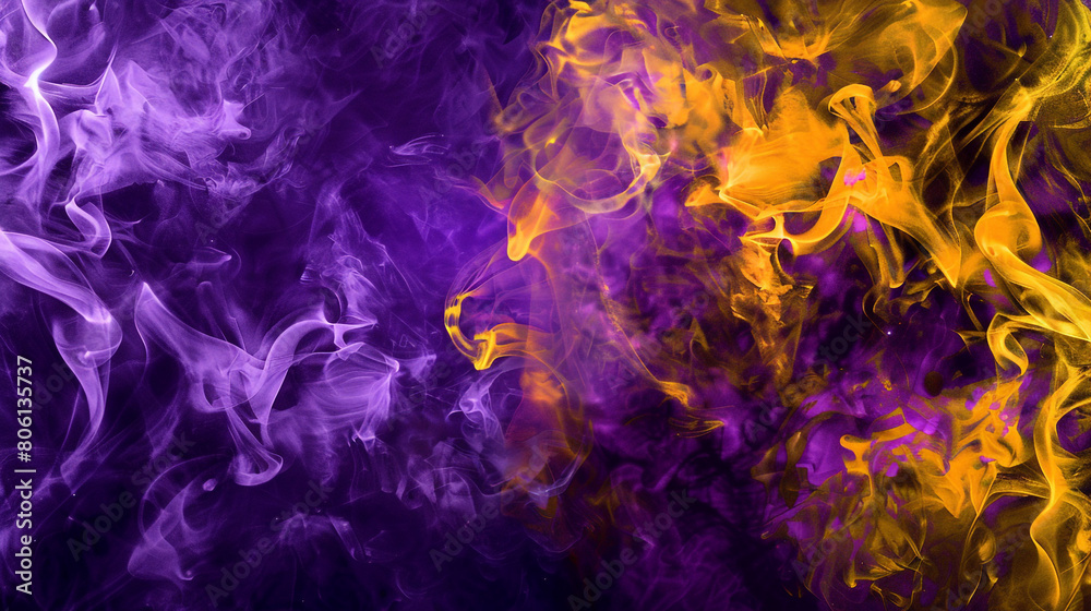 A chaotic yet mesmerizing pattern of smoke in dark purple and bright yellow, creating a striking contrast that demands attention. A chaotic yet mesmerizing pattern of smoke in dark purple and bright yellow, creating a striking contrast that demands attention.