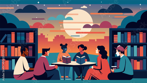 As the sun set outside the Secondhand Book Club continued their meeting surrounded by shelves filled with decadesold literature.. Vector illustration
