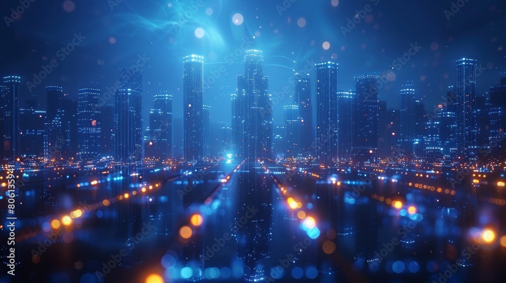 An abstract technologies background; a digital building with a matrix style; and a binary city of blue lights.