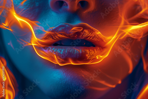 Fiery Kiss: A Vivid Close-Up of a Woman's Lips Engulfed in Orange Flames photo