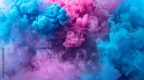A cloud of smoke in bright cyan and magenta, forming an abstract, modern art piece with a pop art feel.
