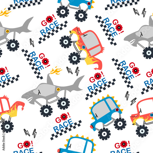 Monster cars pattern. Cartoon cars with big wheels. cute monster truck seamless pattern. Illustration of transportation monster truck collection