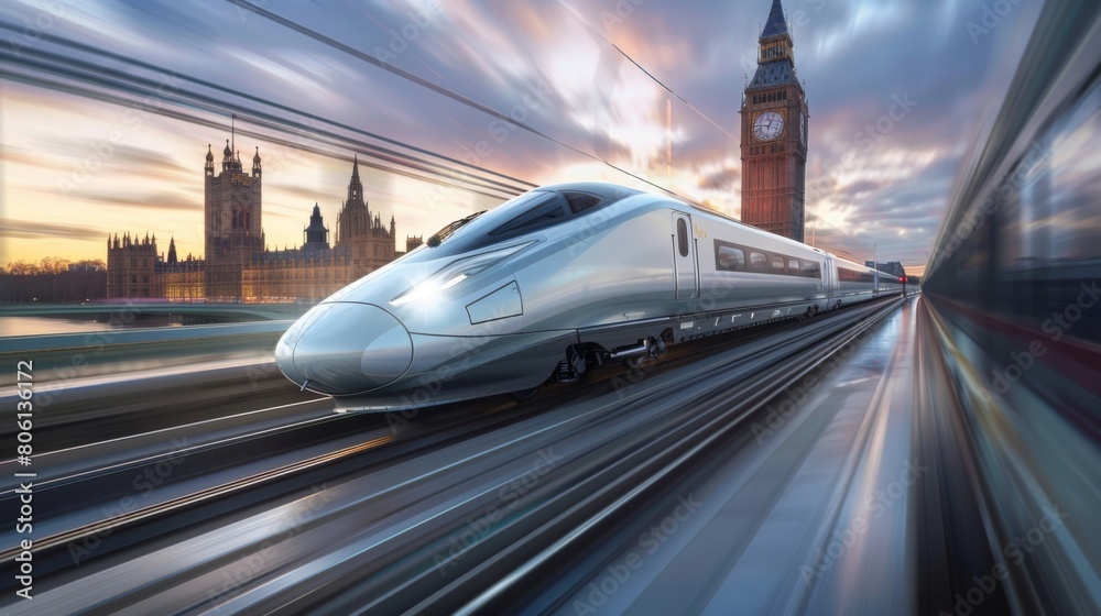 A high-speed train zipping past iconic landmarks, symbolizing progress and innovation in urban transportation systems. A high-speed train zipping past iconic landmarks, symbolizing progress and innovation in urban transportation systems.