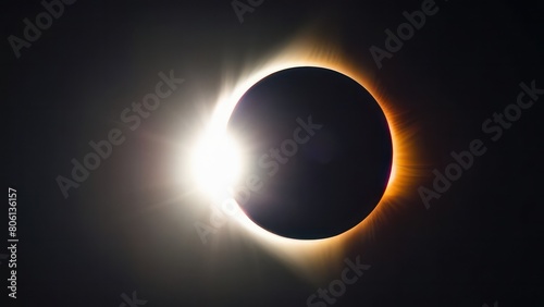 Total Solar Eclipse Sun Light Glowing in dark sky, black background. Mysterious natural phenomenon. Moon passes between planet Earth and Sun. Beautiful landscape with solar eclipse