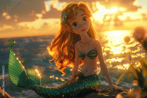 A cartoon mermaid is sitting on a rock by the ocean