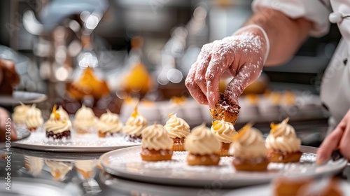 A chef is preparing a dessert platter with a variety of pastries