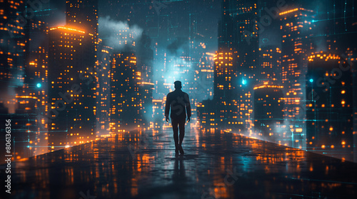 Business technology concept  Professional business man walking on future network city background and futuristic interface graphic at night  Cyberpunk color style.