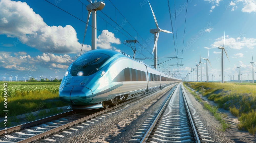 Naklejka premium A high-speed train zooming past fields of wind turbines, symbolizing the eco-friendly benefits of efficient mass transit systems.