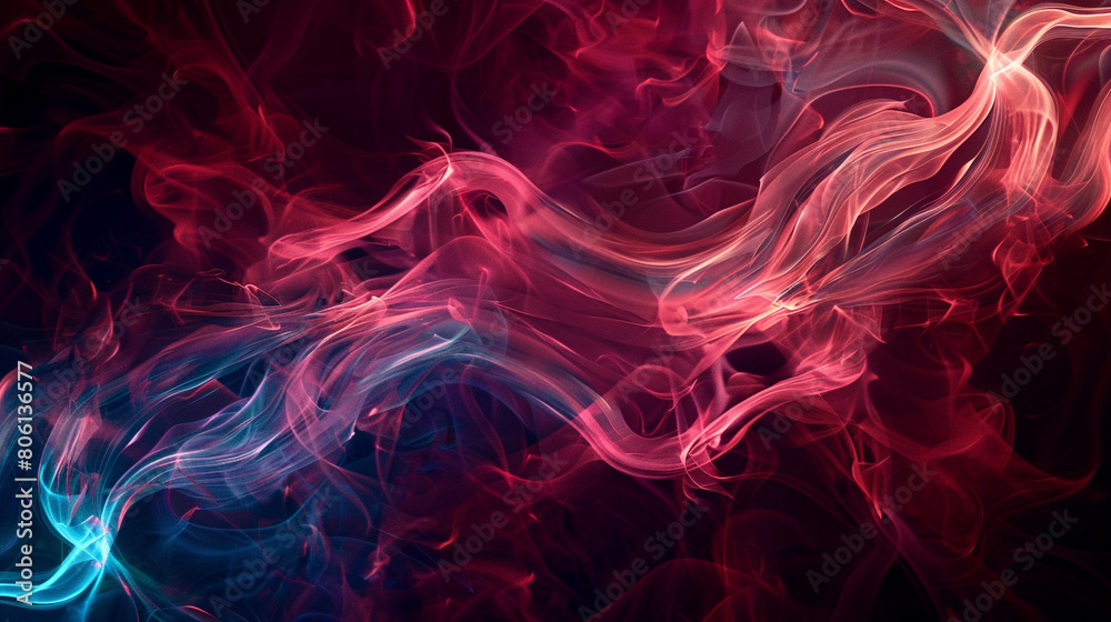 A dynamic swirl of smoke in dark reds, highlighted by a neon blue texture that adds a cold contrast to the warm tones.