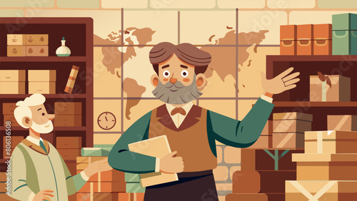 An old warehouseturnedantique store with stacks of dusty maps lining the walls and a cheerful owner happily describing the intricate details and. Vector illustration