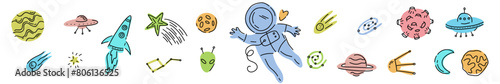 Vector horizontal set of space objects, symbols and an astronaut, hand-drawn in the style of doodles © Abundzu