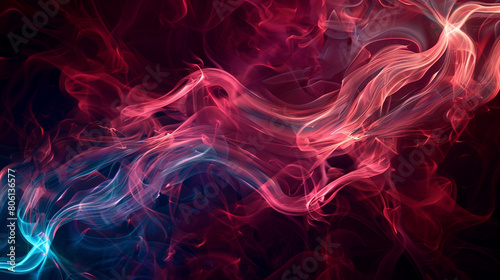 A dynamic swirl of smoke in dark reds, highlighted by a neon blue texture that adds a cold contrast to the warm tones.