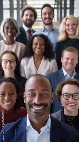 Diverse Team of Professionals Smiling in Office Setting