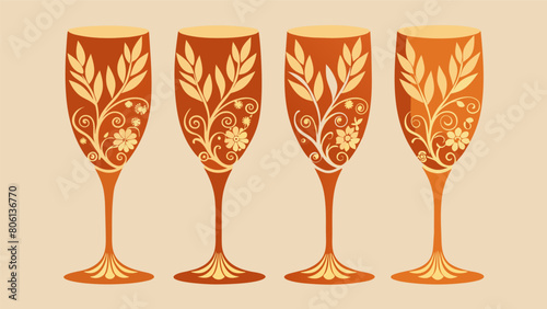 A set of four champagne flutes with intricate etching of vines and leaves inspired by art nouveau designs. Vector illustration