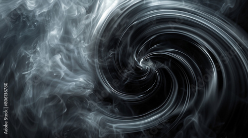 A gentle swirl of smoke in black and silver, resembling a monochromatic whirlpool drawing the viewer into its depths.
