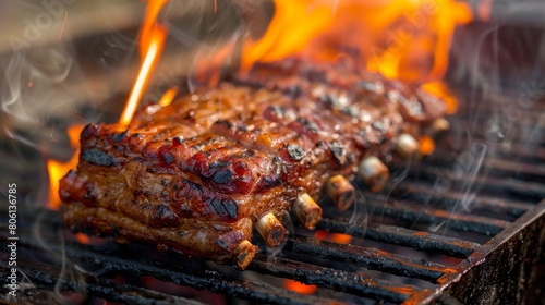 A juicy triple-layer pork belly being grilled over charcoal  with flames licking the meat to perfection for an outdoor barbecue feast.