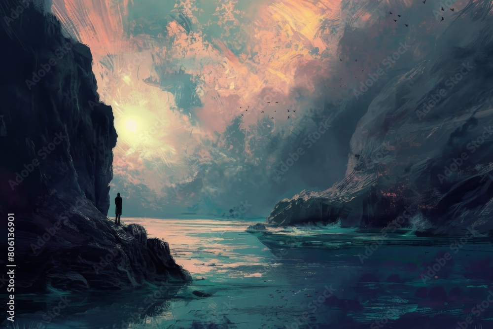 A man stands on a rocky shore looking out at the ocean A man stands on a rocky shore looking out at the ocean